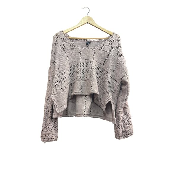 Moon & Madison Cropped Pointelle Knit Sweater In Taupe S - Picture 1 of 7
